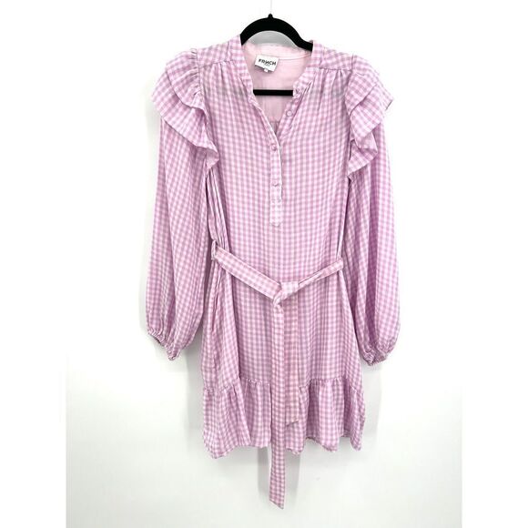 FRNCH Paris Purple White Check Gingham Ruffle Button Waist Tie Mini Dress Small - Picture 3 of 10